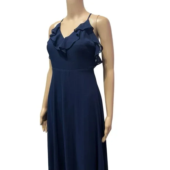 Lulus Metropolitan Navy Blue Ruffled Maxi Dress Large V Neck Sleeveless - Picture 7 of 16